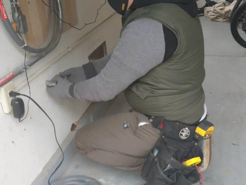 Electrician performing outlet wiring in a Coronado garage